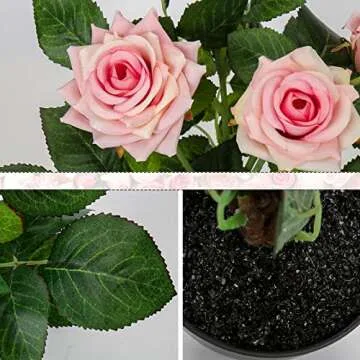 Hollyone Artificial Plants & Flowers in Vase Pink Roses Artificial Flowers Potted Plant Faux Silk Flower with Pot Fake Rose Flower Arrangement Home Decor Office Bathroom Shelf Desk Decoration 15 Inch