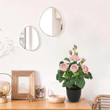 Hollyone Artificial Plants & Flowers in Vase Pink Roses Artificial Flowers Potted Plant Faux Silk Flower with Pot Fake Rose Flower Arrangement Home Decor Office Bathroom Shelf Desk Decoration 15 Inch
