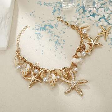 RUOFFETA Shell Starfish Necklace Bracelet Conch Statement Chunky Necklace Mermaid Costume Jewelry Beach Jewelry for Women(Anklet Gold)