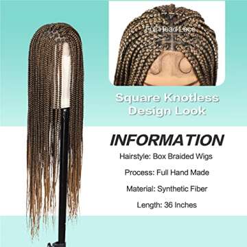 Humistwbiu Braided Wigs Full Double Lace Front Square Knotless Box Braid Wig with Baby Hair Japan-made Lightweight Synthetic Ombre Light Brown Hand Braided Wigs for Women 36 Inch (1B/27)