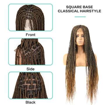 Humistwbiu Braided Wigs Full Double Lace Front Square Knotless Box Braid Wig with Baby Hair Japan-made Lightweight Synthetic Ombre Light Brown Hand Braided Wigs for Women 36 Inch (1B/27)