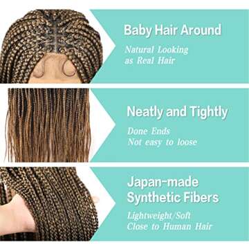 Humistwbiu Braided Wigs Full Double Lace Front Square Knotless Box Braid Wig with Baby Hair Japan-made Lightweight Synthetic Ombre Light Brown Hand Braided Wigs for Women 36 Inch (1B/27)