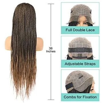 Humistwbiu Braided Wigs Full Double Lace Front Square Knotless Box Braid Wig with Baby Hair Japan-made Lightweight Synthetic Ombre Light Brown Hand Braided Wigs for Women 36 Inch (1B/27)