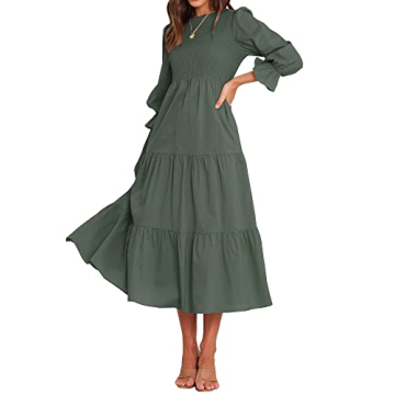 BTFBM Women Casual Long Sleeve Dress Fall Dresses 2024 Solid Color Relaxed Fit Smocked Tiered Flowy ...