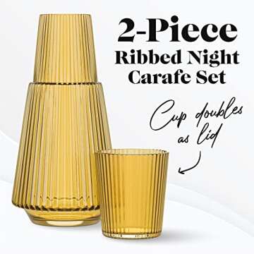 American Atelier Vintage Bedside Water Carafe with Tumbler – 37 Oz Ribbed Pitcher and Matching Dri...