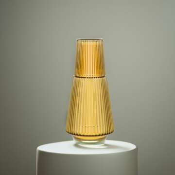 American Atelier Vintage Bedside Water Carafe with Tumbler – 37 Oz Ribbed Pitcher and Matching Drinking Glass Doubles as Lid for Guest Room, Office, or Gift, 4.5”x 9.25" (Amber)