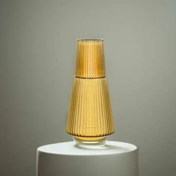 American Atelier Vintage Bedside Water Carafe with Tumbler – 37 Oz Ribbed Pitcher and Matching Drinking Glass Doubles as Lid for Guest Room, Office, or Gift, 4.5”x 9.25" (Amber)