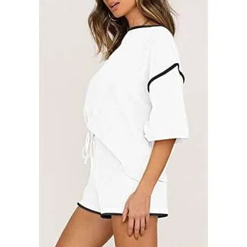 Fixmatti Womens 2 Piece Sweater Outfits Knit Top High Waist Short Suit Casual Pajama Set White S
