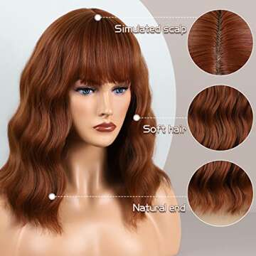 BOGSEA Auburn Wig with Bangs Short Auburn Wigs for Women Synthetic Wave Wig Heat Resistant Hair Short Bob Wigs for Everyday Party (Auburn)