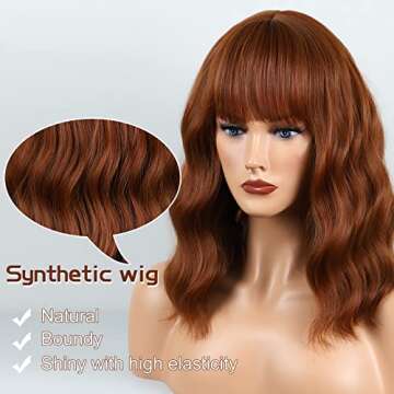 BOGSEA Auburn Wig with Bangs Short Auburn Wigs for Women Synthetic Wave Wig Heat Resistant Hair Short Bob Wigs for Everyday Party (Auburn)