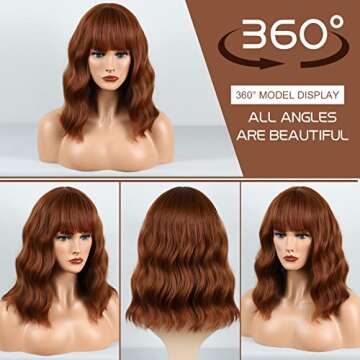 BOGSEA Auburn Wig with Bangs Short Auburn Wigs for Women Synthetic Wave Wig Heat Resistant Hair Short Bob Wigs for Everyday Party (Auburn)