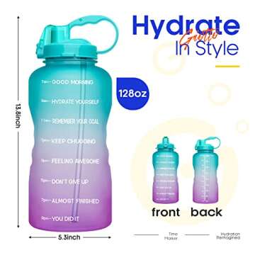 Giotto Large 1 Gallon/128oz (When Full) Motivational Water Bottle with Time Marker & Straw, Leakproof Tritan BPA Free for Fitness, Gym and Outdoor Sports-Green/Purple Gradient