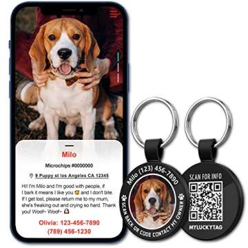 MYLUCKYTAG QR Code Personalized Pet ID Tags Dog Tags - Pet Online Profile - Scan QR Receive Instant Pet Location Alert Email