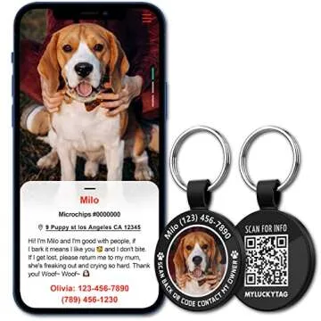MYLUCKYTAG QR Code Personalized Pet ID Tags Dog Tags - Pet Online Profile - Scan QR Receive Instant Pet Location Alert Email