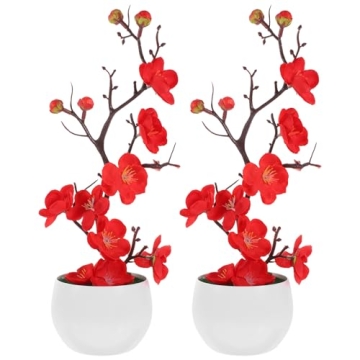 ibasenice Artificial Bonsai Pot Plum Blossom 2pcs Arrangement with Vase Faux Potted Flowers for Home...