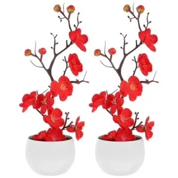 ibasenice Artificial Bonsai Pot Plum Blossom 2pcs Arrangement with Vase Faux Potted Flowers for Home...