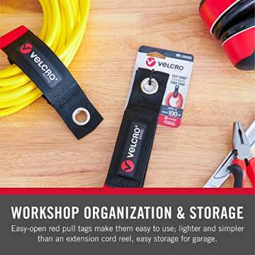 VELCRO Brand Easy Hang Extension Cord Organizer Holder | Large 18" Heavy Duty Straps for Garage Organization and Storage Grommet Hangs Easily on Wall Hooks or Nails 2pk, Holds 100bs, Black