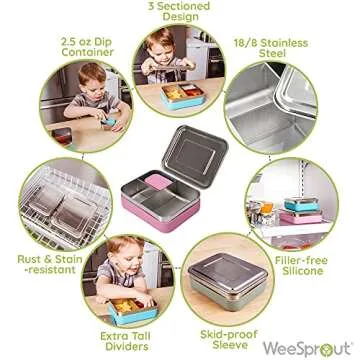 WeeSprout 18/8 Stainless Steel Bento Box (Compact Lunch Box) - 3 Compartment Metal Lunch Containers,...