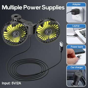 Dealswin Car Fan for Backseat Kids, Dual Head USB Car Seat Fan, 360° Rotatable Strong Wind Car Rear Headrest Fan for Baby, Air Circulation Fan with Adjustable Clip for Vehicles SUV RV