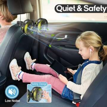 Dealswin Car Fan for Backseat Kids, Dual Head USB Car Seat Fan, 360° Rotatable Strong Wind Car Rear Headrest Fan for Baby, Air Circulation Fan with Adjustable Clip for Vehicles SUV RV