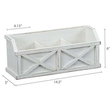 Barnyard Designs Rustic Vintage Wooden Desk Organizer Caddy with 3 Compartments Tabletop Desktop Office Supplies Desk Accessories Holder, White 14.5" x 6” (White/White)