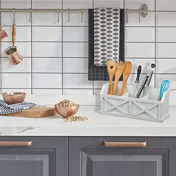 Barnyard Designs Rustic Vintage Wooden Desk Organizer Caddy with 3 Compartments Tabletop Desktop Office Supplies Desk Accessories Holder, White 14.5" x 6” (White/White)