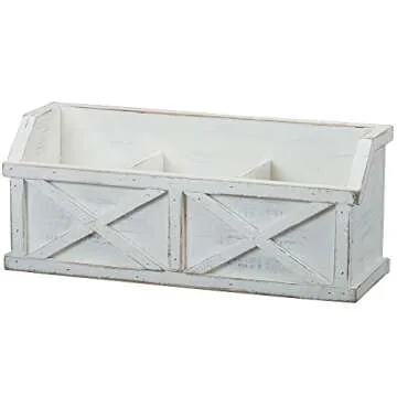 Barnyard Designs Rustic Vintage Wooden Desk Organizer Caddy with 3 Compartments Tabletop Desktop Office Supplies Desk Accessories Holder, White 14.5" x 6” (White/White)