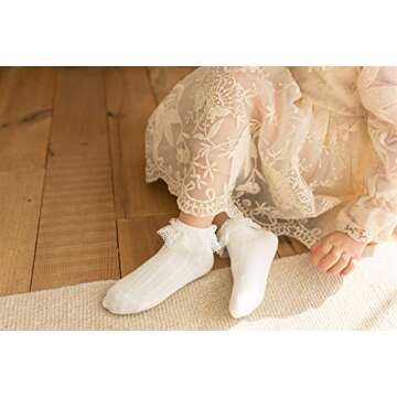 Gwenvenni Toddler Girls White Ruffle Lace Trim Cotton Socks Eyelet Frilly Dress Socks 5 -Pack, Age 3-5T