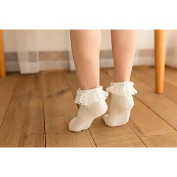 Gwenvenni Toddler Girls White Ruffle Lace Trim Cotton Socks Eyelet Frilly Dress Socks 5 -Pack, Age 3-5T