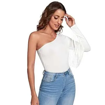 Verdusa Women's Fringe Trim One Shoulder Long Sleeve Bodysuit Top Cream White M