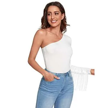 Verdusa Women's Fringe Trim One Shoulder Long Sleeve Bodysuit Top Cream White M