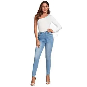 Verdusa Women's Fringe Trim One Shoulder Long Sleeve Bodysuit Top Cream White M