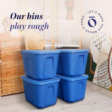 HOMZ 4-Pack Heavy Duty 10 Gallon Plastic Storage Bins - Eco-friendly Solutions for Home Organization