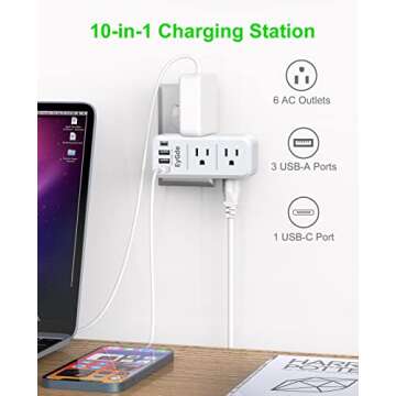 EyGde Multi Plug Outlet Extender Surge Protector 1700J, Wall Power Strip with Rotating Plug & 4 USB Charging Ports (1 USB C), 3 Side Swivel Outlet Splitter with 6 Spaced Sockets for Home Office Travel