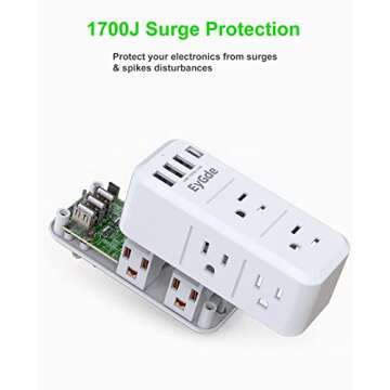 EyGde Multi Plug Outlet Extender Surge Protector 1700J, Wall Power Strip with Rotating Plug & 4 USB Charging Ports (1 USB C), 3 Side Swivel Outlet Splitter with 6 Spaced Sockets for Home Office Travel