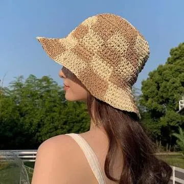 Womens Straw Sun Hat Woven Bucket Hat Fishing Hat Beach Hat Foldable Cap Summer Caps