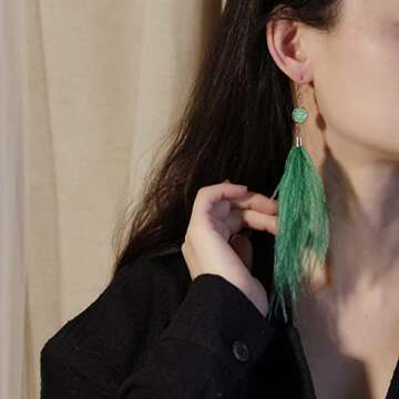 RUOFFETA Long Feather Earrings for Women, Bohemian Elegant Delicate Faux Druzy Charms Dangle Earring...