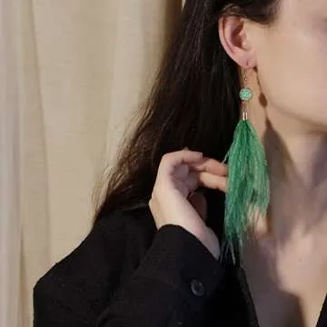 RUOFFETA Long Feather Earrings for Women, Bohemian Elegant Delicate Faux Druzy Charms Dangle Earring...