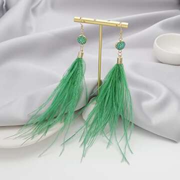 RUOFFETA Long Feather Earrings for Women, Bohemian Elegant Delicate Faux Druzy Charms Dangle Earrings(Green)