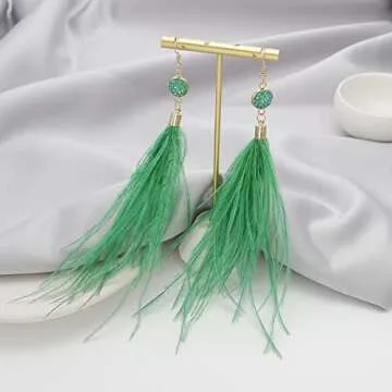 RUOFFETA Long Feather Earrings for Women, Bohemian Elegant Delicate Faux Druzy Charms Dangle Earrings(Green)