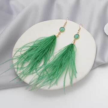 RUOFFETA Long Feather Earrings for Women, Bohemian Elegant Delicate Faux Druzy Charms Dangle Earrings(Green)