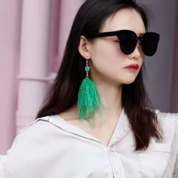 RUOFFETA Long Feather Earrings for Women, Bohemian Elegant Delicate Faux Druzy Charms Dangle Earrings(Green)