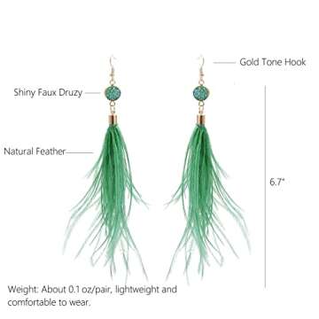 RUOFFETA Long Feather Earrings for Women, Bohemian Elegant Delicate Faux Druzy Charms Dangle Earrings(Green)