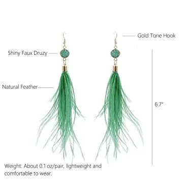 RUOFFETA Long Feather Earrings for Women, Bohemian Elegant Delicate Faux Druzy Charms Dangle Earrings(Green)