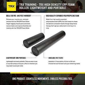 TRX 18-Inch Black Firm Foam Roller for Deep-Tissue Massage, Pain Relief, Back, Exercise Support