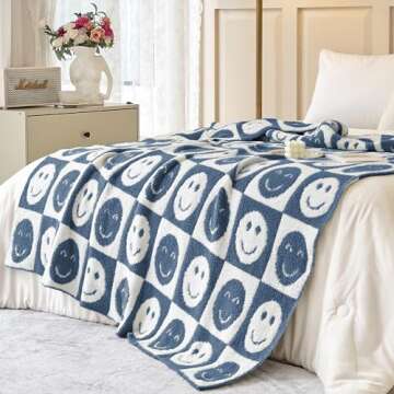 Ultra Soft Cozy Happy Smiling Face Checkered Knitted Baby Blanket Fluffy Microfiber Checkerboard Bed Blanket Lightweight Both Sides Blanket for Couch Sofa Bed (Smile Blue, Baby 30"x40")