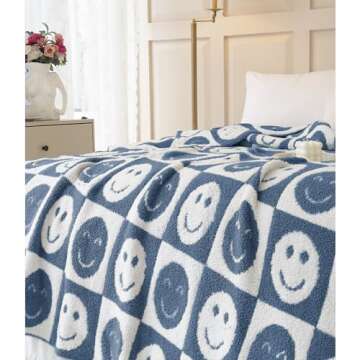 Ultra Soft Cozy Happy Smiling Face Checkered Knitted Baby Blanket Fluffy Microfiber Checkerboard Bed Blanket Lightweight Both Sides Blanket for Couch Sofa Bed (Smile Blue, Baby 30"x40")