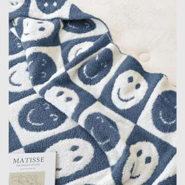 Ultra Soft Cozy Happy Smiling Face Checkered Knitted Baby Blanket Fluffy Microfiber Checkerboard Bed Blanket Lightweight Both Sides Blanket for Couch Sofa Bed (Smile Blue, Baby 30"x40")
