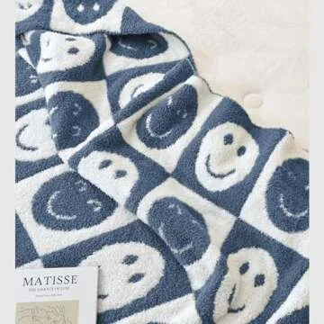 Ultra Soft Cozy Happy Smiling Face Checkered Knitted Baby Blanket Fluffy Microfiber Checkerboard Bed Blanket Lightweight Both Sides Blanket for Couch Sofa Bed (Smile Blue, Baby 30"x40")