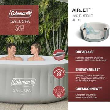 Coleman Tahiti EnergySense AirJet Inflatable Hot Tub Spa (71" x 26") | Portable Hot Tub with 2 Covers (1 Energy-Efficient Thermal Cover and 1 Standard Cover) | Fits Up to 2-4 Persons | Grey